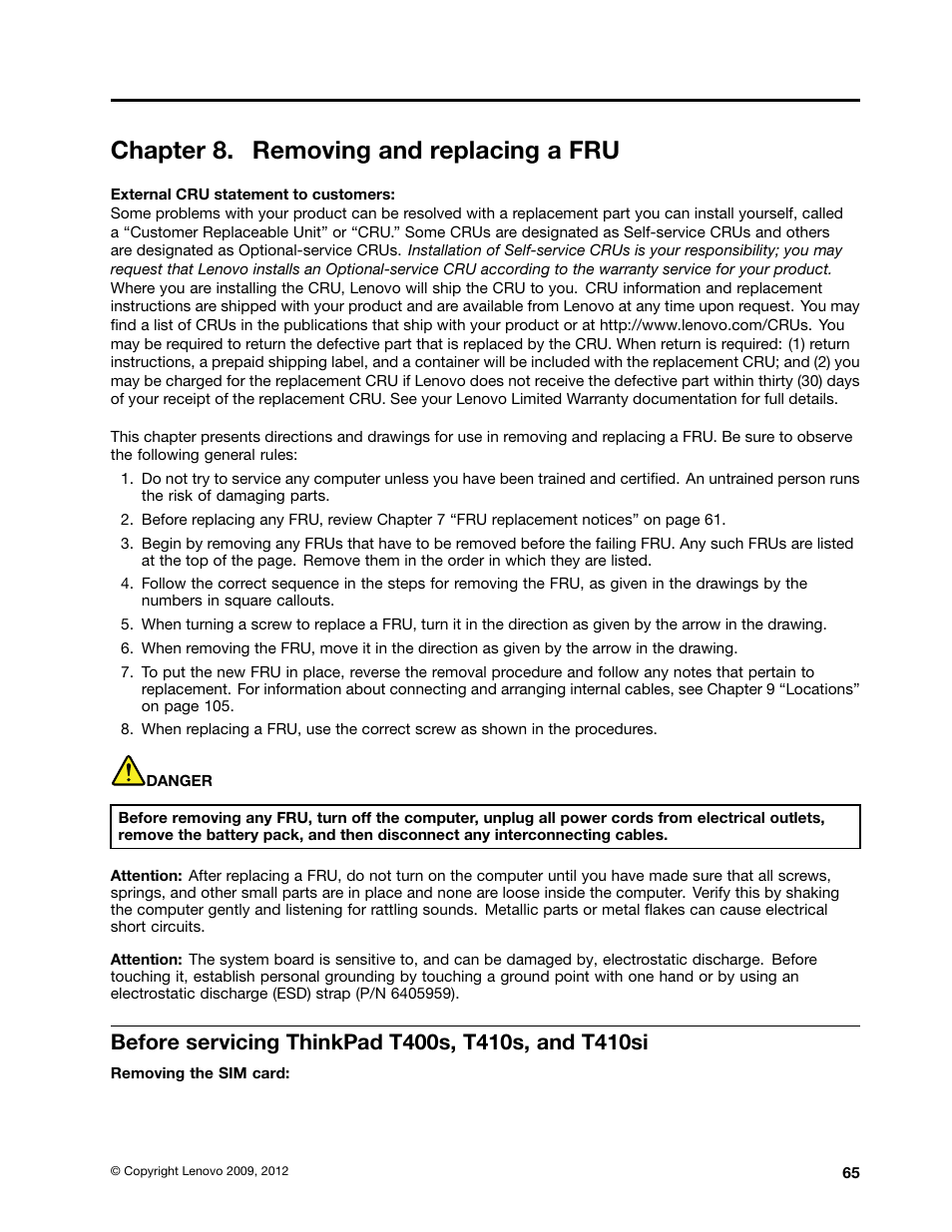 Chapter 8. removing and replacing a fru, Before servicing thinkpad t400s, t410s, and t410si | Lenovo ThinkPad T410s User Manual | Page 71 / 166