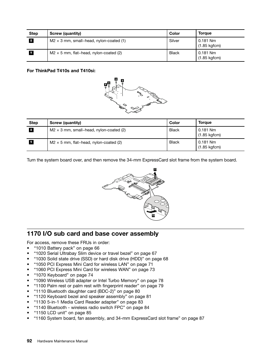 1170 i/o sub card and base cover assembly | Lenovo ThinkPad T410s User Manual | Page 98 / 166