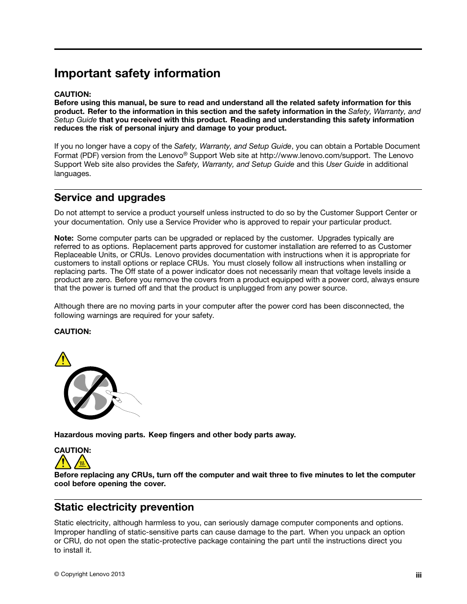 Important safety information, Service and upgrades, Static electricity prevention | Lenovo M5800 Desktop User Manual | Page 5 / 70