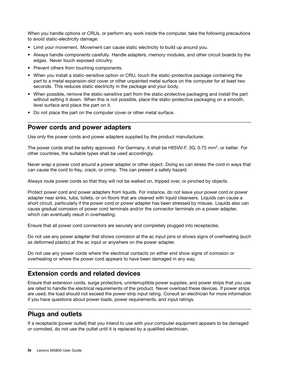 Power cords and power adapters, Extension cords and related devices, Plugs and outlets | Lenovo M5800 Desktop User Manual | Page 6 / 70