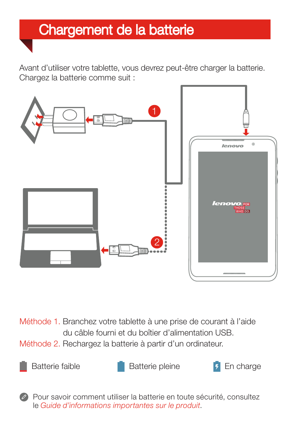 Chargement de la batterie | Lenovo A7-50 Tablet User Manual | Page 11 / 77