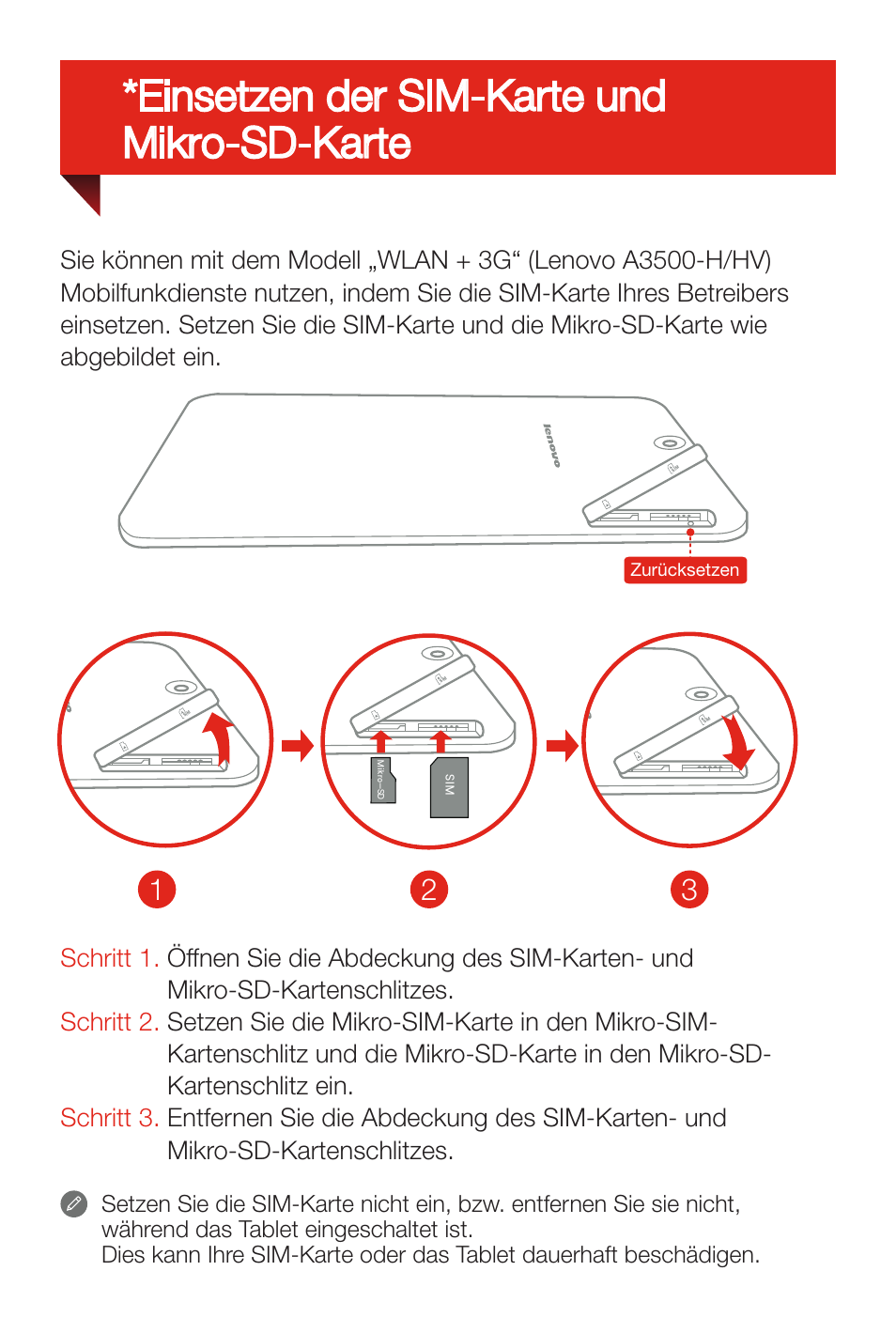 Einsetzen der sim-karte und mikro-sd-karte | Lenovo A7-50 Tablet User Manual | Page 15 / 77