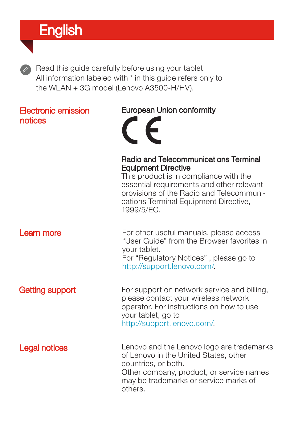 English | Lenovo A7-50 Tablet User Manual | Page 2 / 77