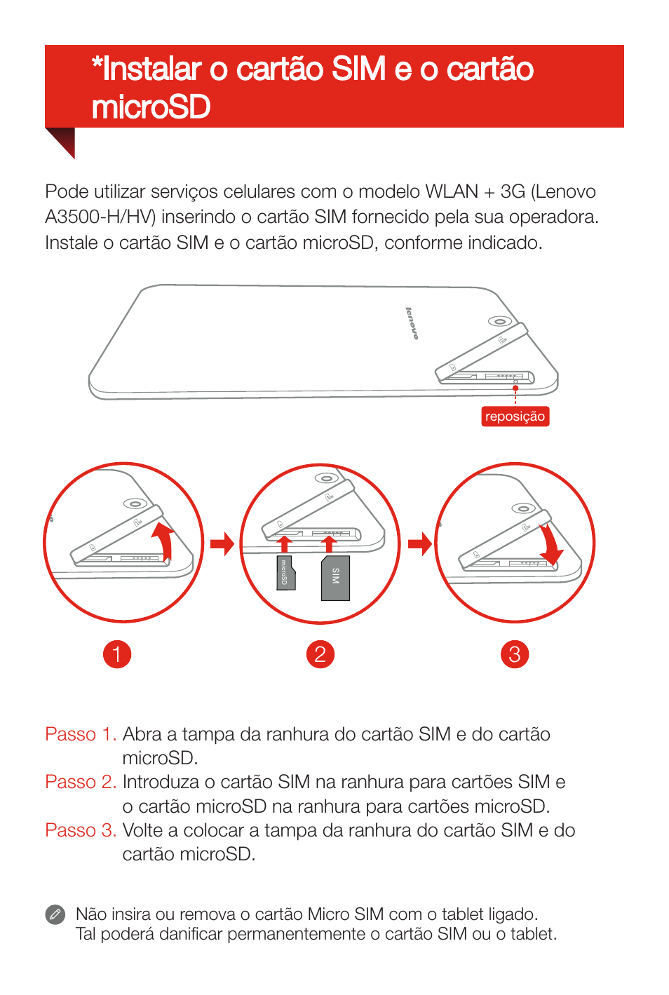 Instalar o cartão sim e o cartão microsd | Lenovo A7-50 Tablet User Manual | Page 25 / 77