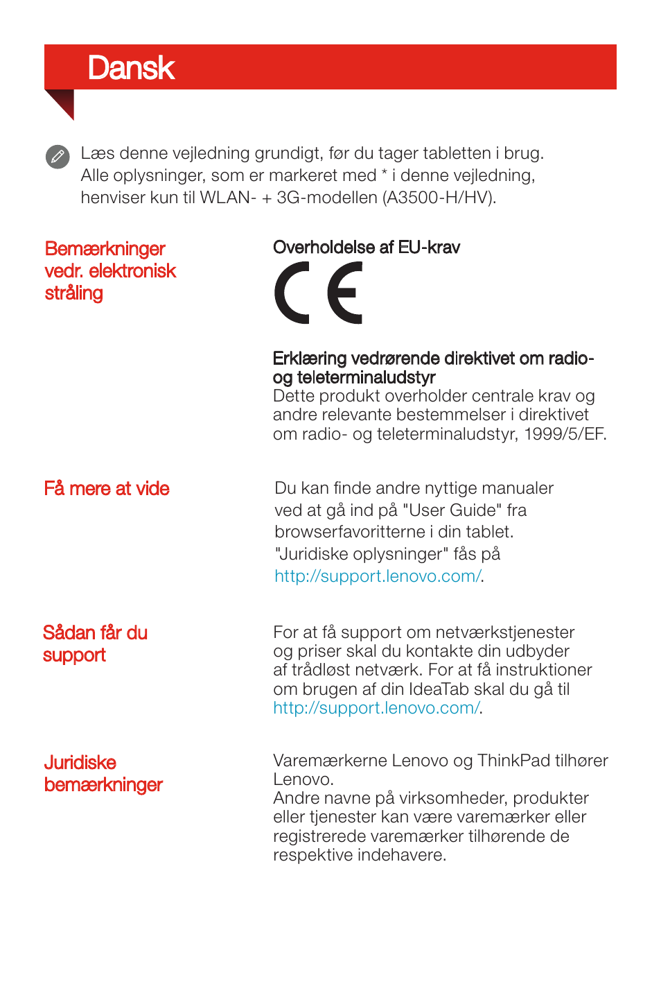 Dansk | Lenovo A7-50 Tablet User Manual | Page 32 / 77