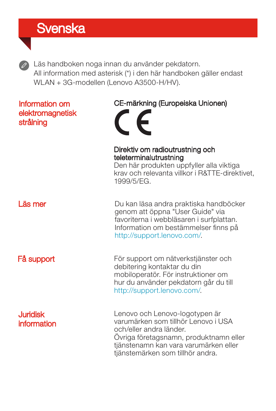 Svenska | Lenovo A7-50 Tablet User Manual | Page 37 / 77