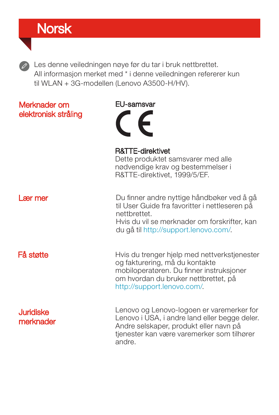 Norsk | Lenovo A7-50 Tablet User Manual | Page 42 / 77