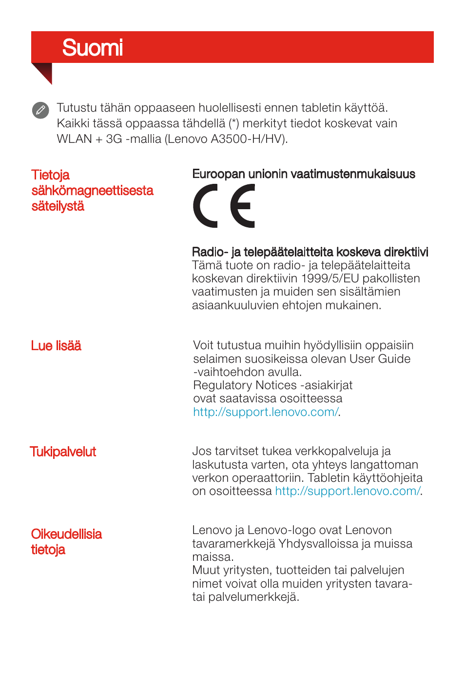Suomi | Lenovo A7-50 Tablet User Manual | Page 47 / 77