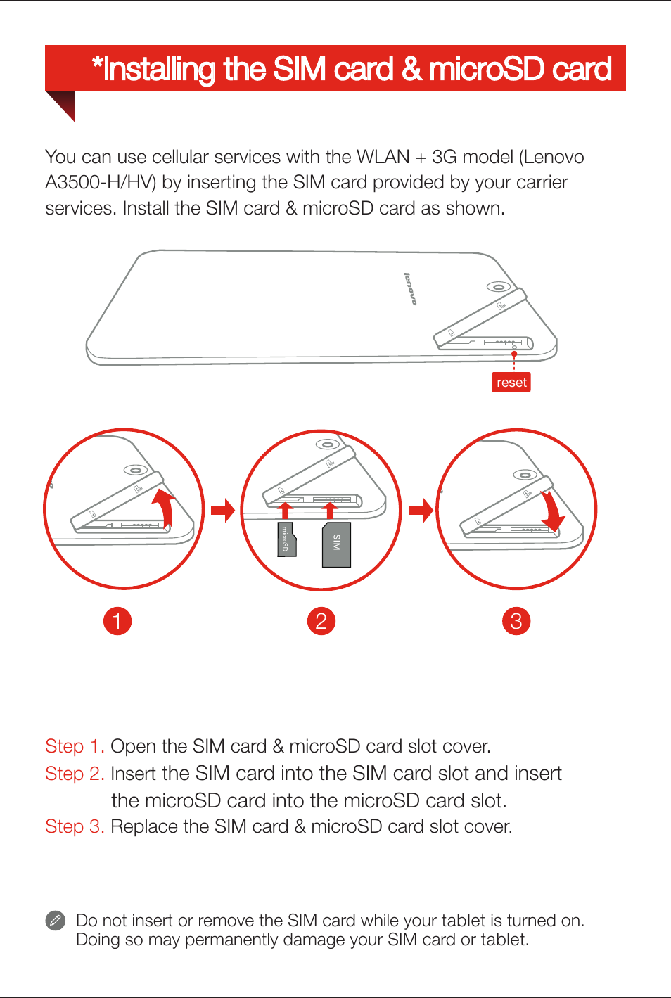 Installing the sim card & microsd card | Lenovo A7-50 Tablet User Manual | Page 5 / 77