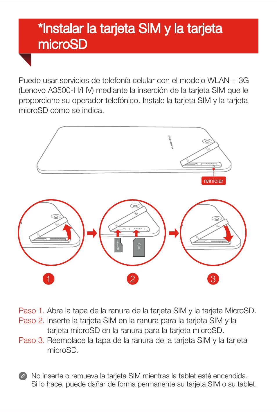 Instalar la tarjeta sim y la tarjeta microsd | Lenovo A7-50 Tablet User Manual | Page 55 / 77