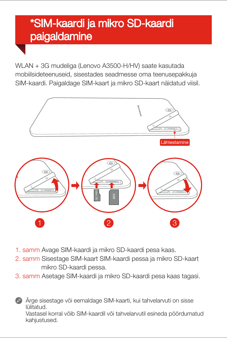 Sim-kaardi ja mikro sd-kaardi paigaldamine | Lenovo A7-50 Tablet User Manual | Page 60 / 77