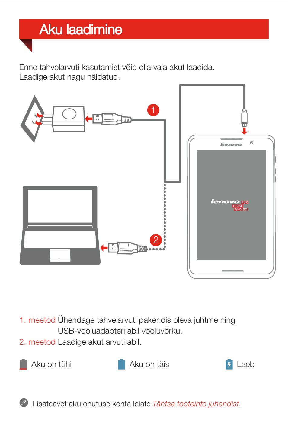 Aku laadimine | Lenovo A7-50 Tablet User Manual | Page 61 / 77