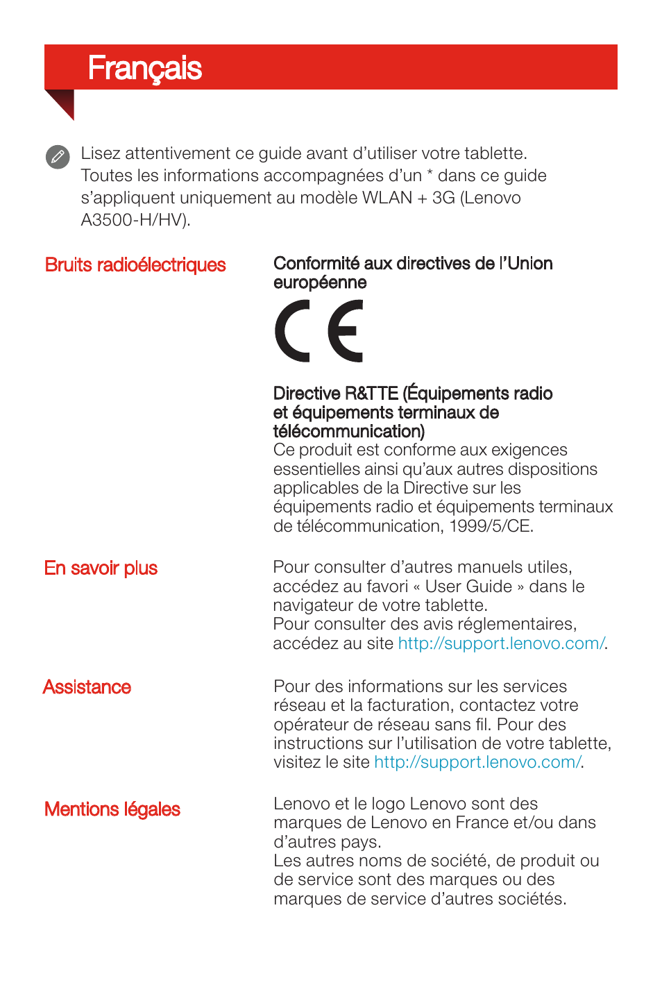 Français | Lenovo A7-50 Tablet User Manual | Page 7 / 77