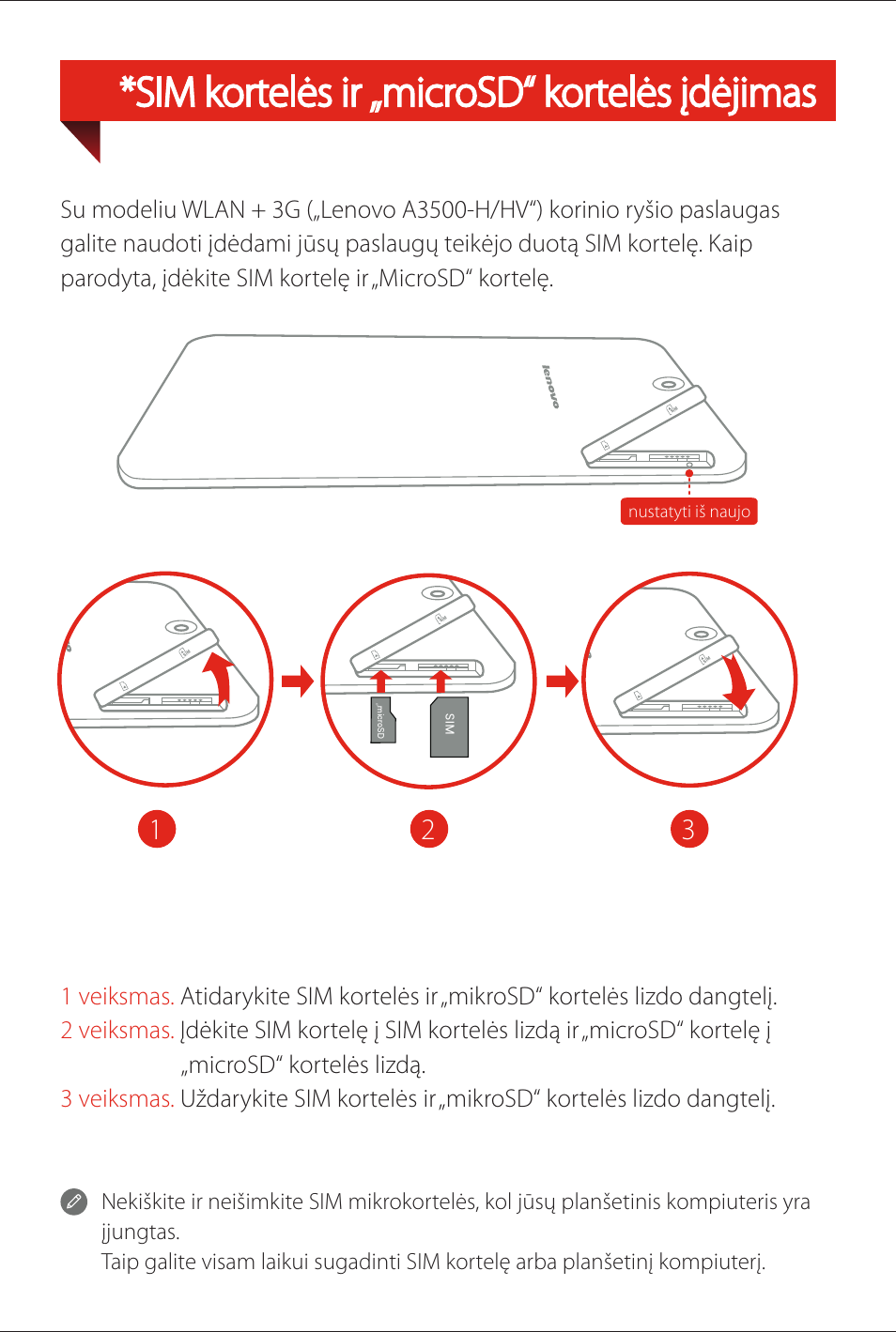 Sim kortelės ir „microsd“ kortelės įdėjimas | Lenovo A7-50 Tablet User Manual | Page 70 / 77