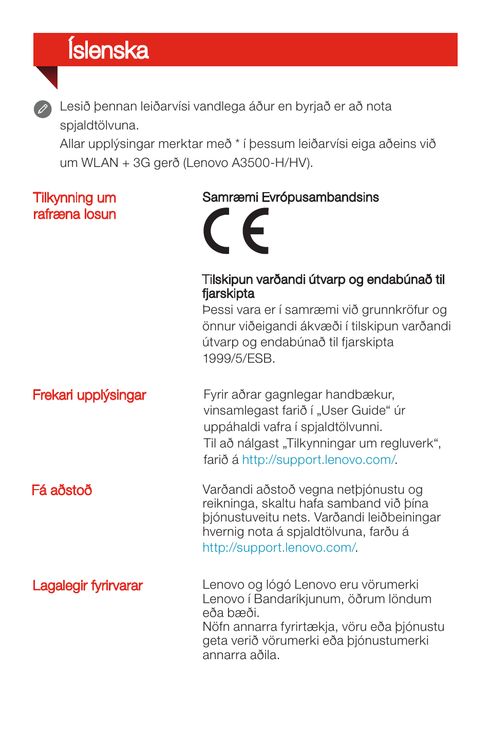 Íslenska | Lenovo A7-50 Tablet User Manual | Page 72 / 77