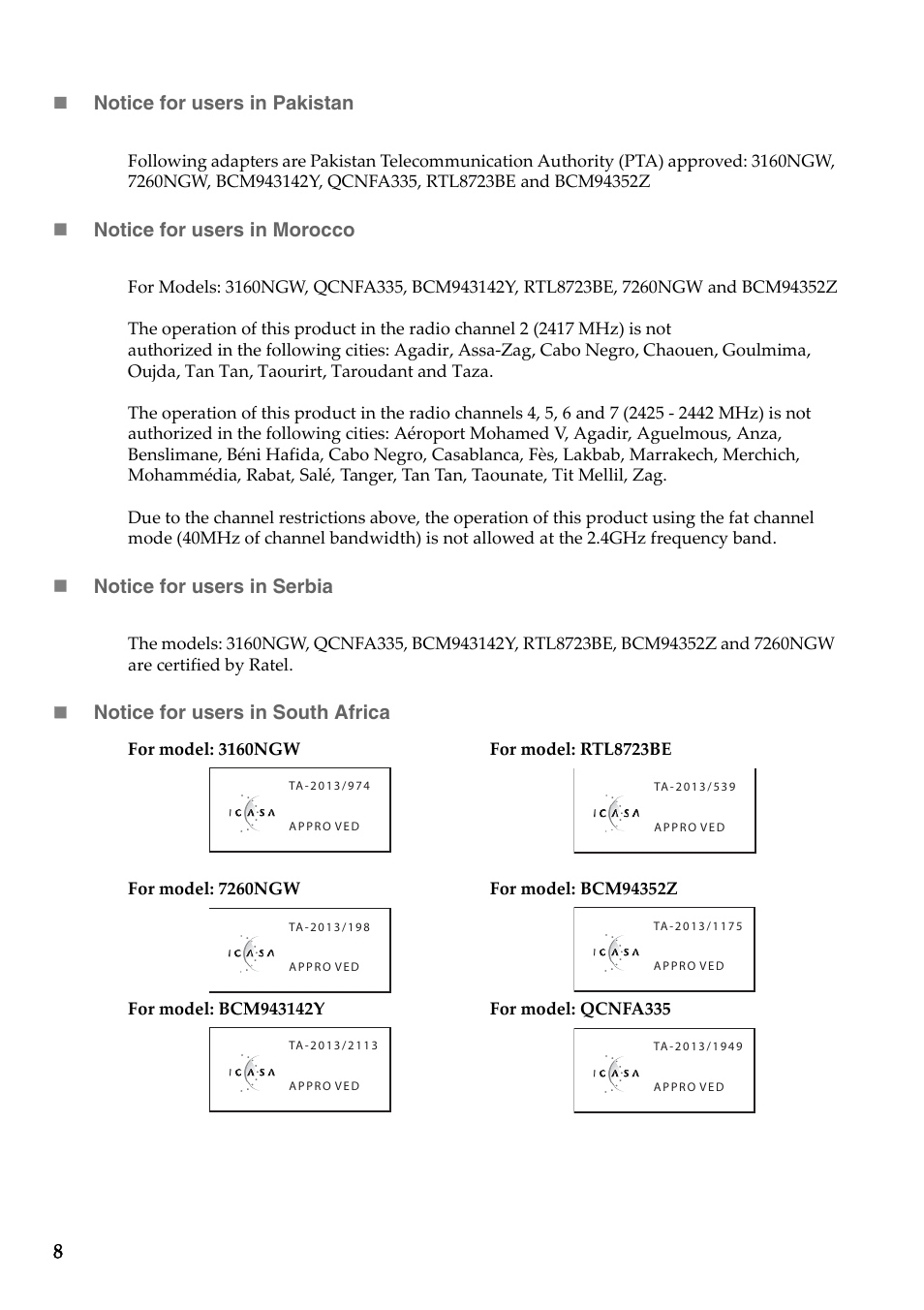 8 notice for users in pakistan, Notice for users in morocco, Notice for users in serbia | Notice for users in south africa | Lenovo Y50-70 User Manual | Page 8 / 15