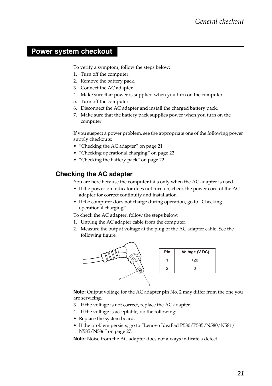 Power system checkout, Checking the ac adapter, General checkout | Lenovo IdeaPad N580 User Manual | Page 25 / 103