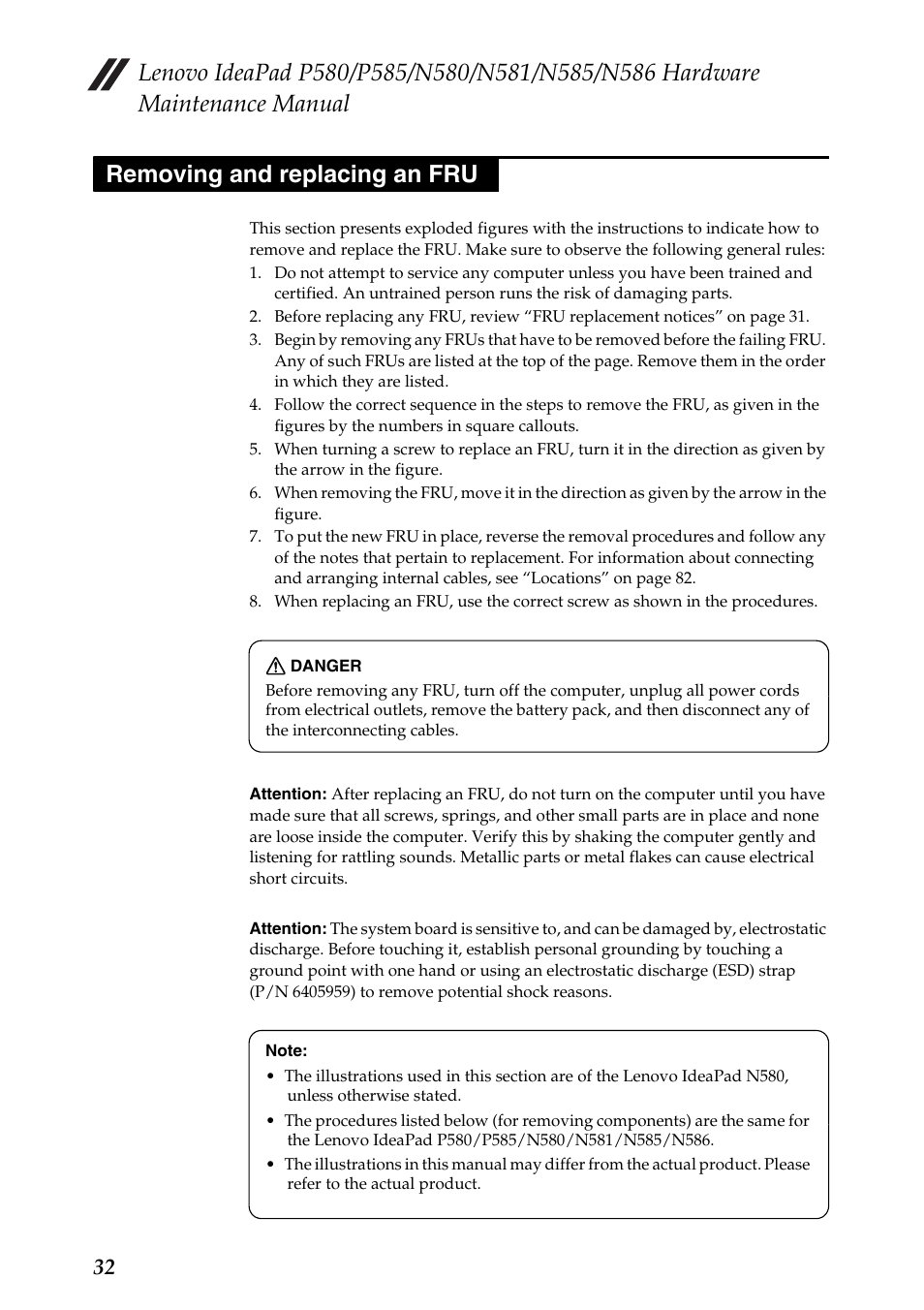 Removing and replacing an fru | Lenovo IdeaPad N580 User Manual | Page 36 / 103