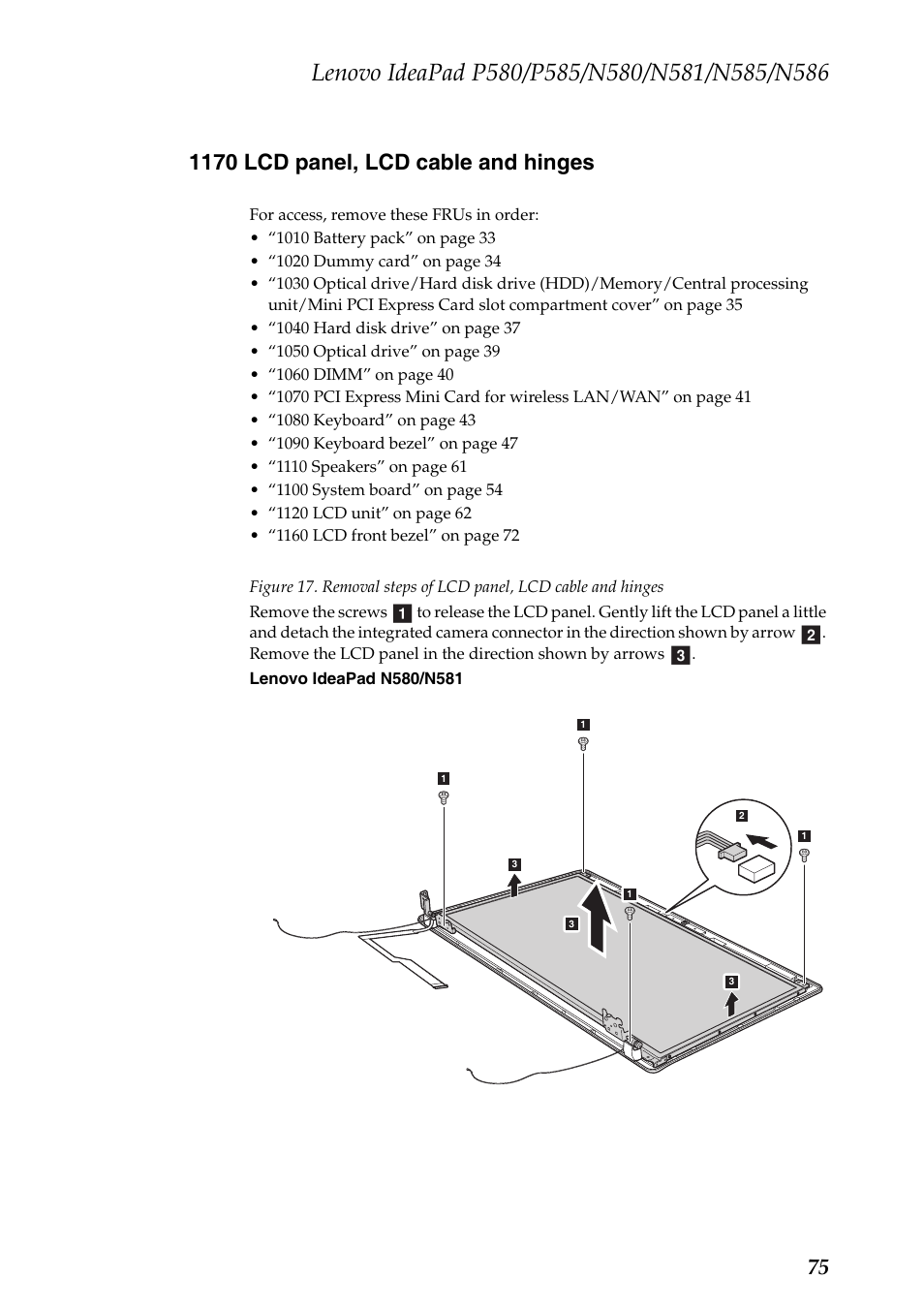 1170 lcd panel, lcd cable and hinges | Lenovo IdeaPad N580 User Manual | Page 79 / 103