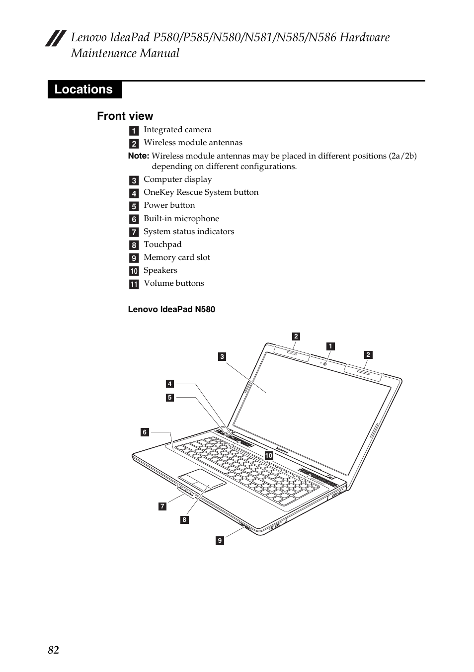 Locations, Front view, 82 front view | Lenovo IdeaPad N580 User Manual | Page 86 / 103