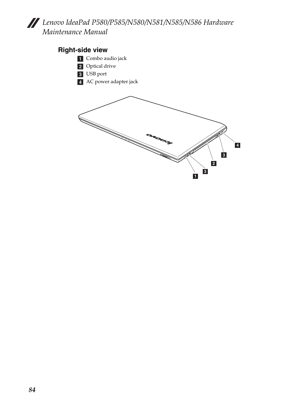 Right-side view, 84 right-side view | Lenovo IdeaPad N580 User Manual | Page 88 / 103