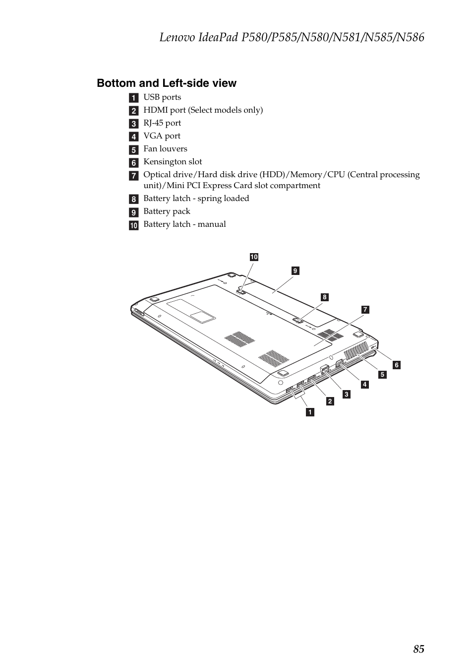 Bottom and left-side view, 85 bottom and left-side view | Lenovo IdeaPad N580 User Manual | Page 89 / 103