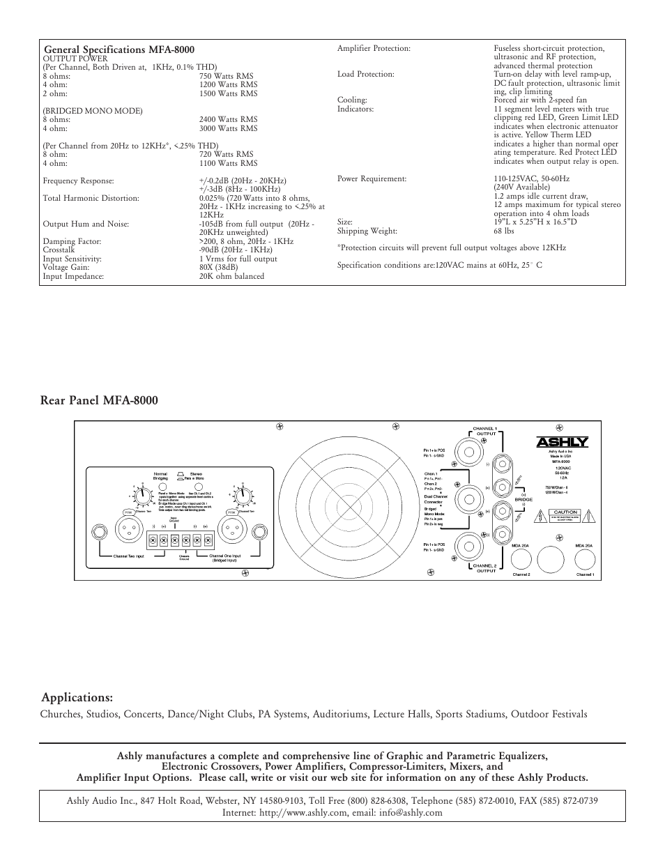 Applications, Rear panel mfa-8000 | Ashly MFA MFA-8000 User Manual | Page 2 / 2