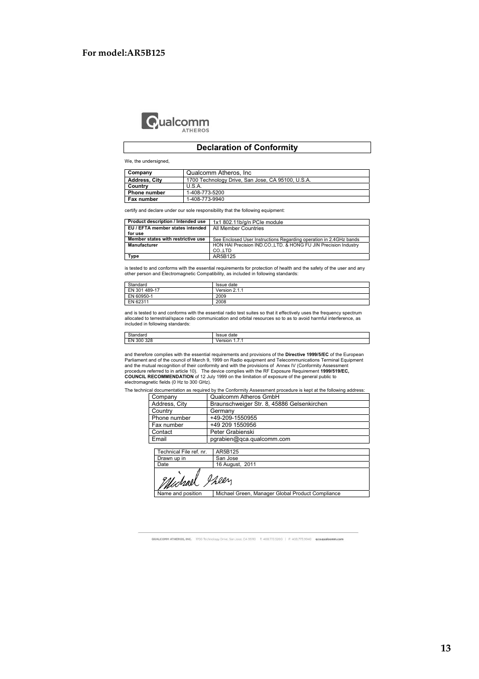 For model:ar5b125, Declaration of conformity | Lenovo IdeaPad P500 Touch Notebook User Manual | Page 14 / 28