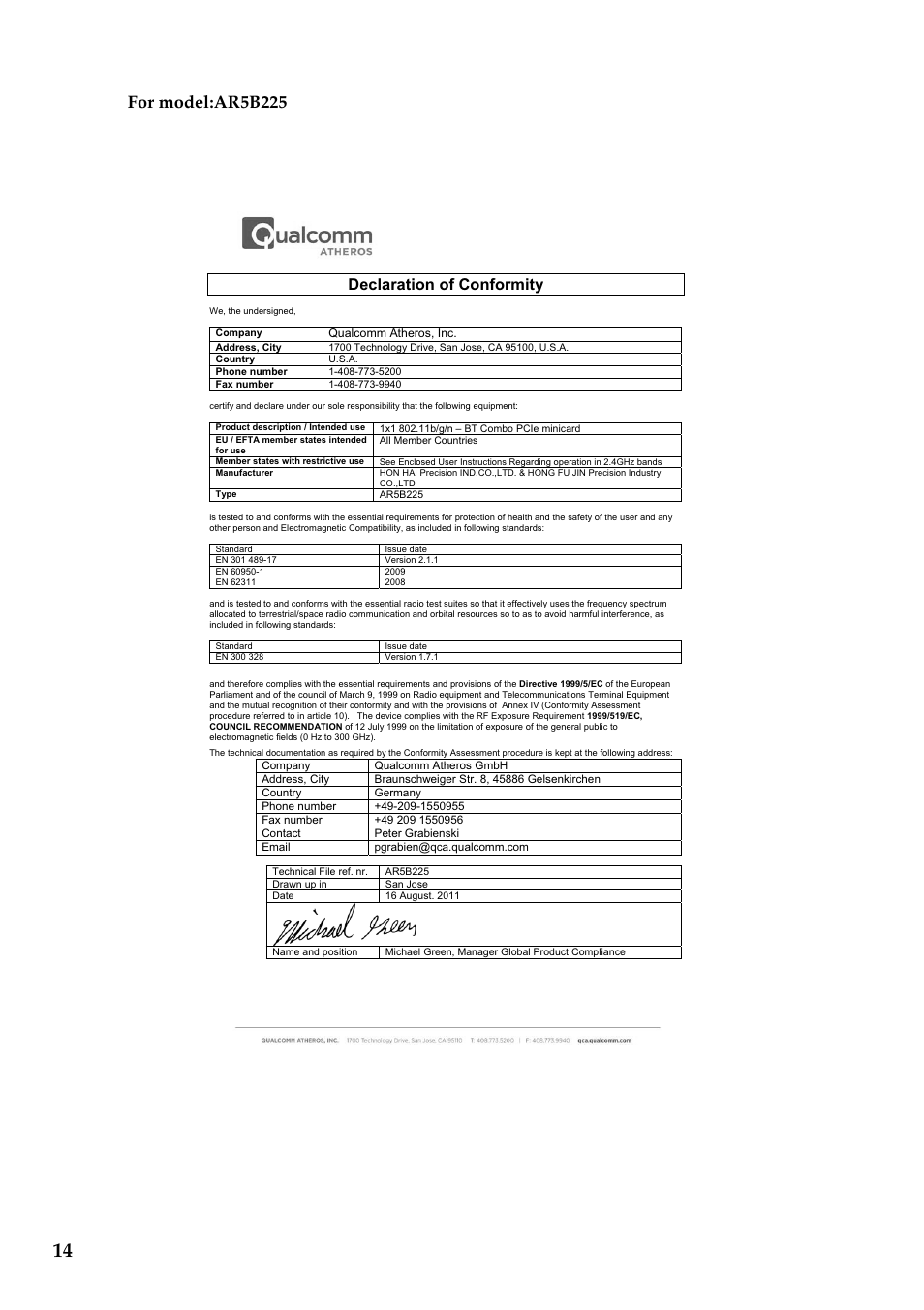 For model:ar5b225, Declaration of conformity | Lenovo IdeaPad P500 Touch Notebook User Manual | Page 15 / 28