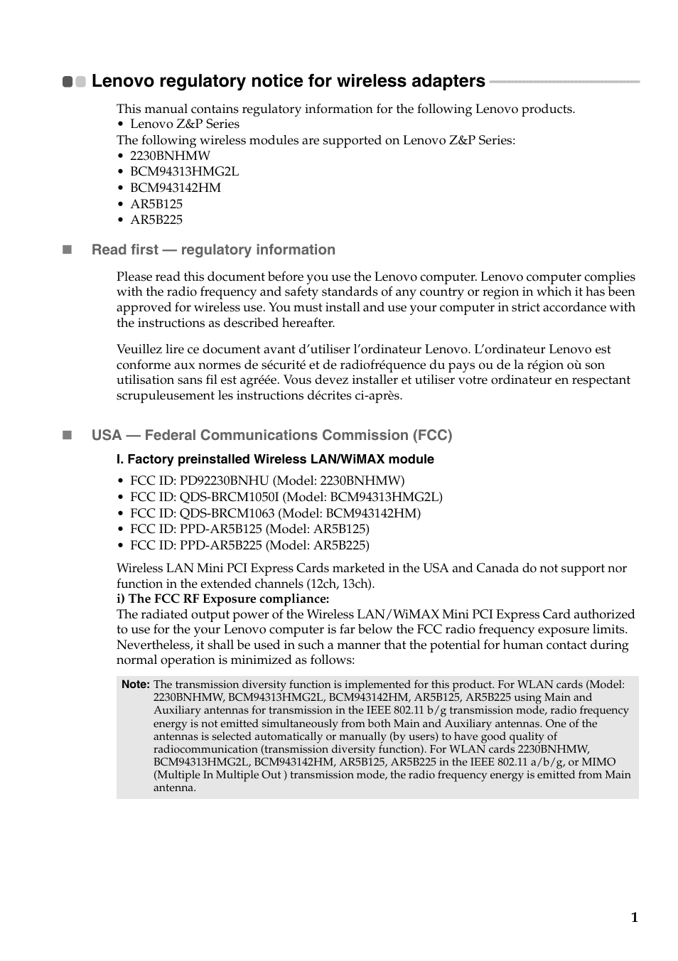 Lenovo regulatory notice for wireless adapters | Lenovo IdeaPad P500 Touch Notebook User Manual | Page 2 / 28