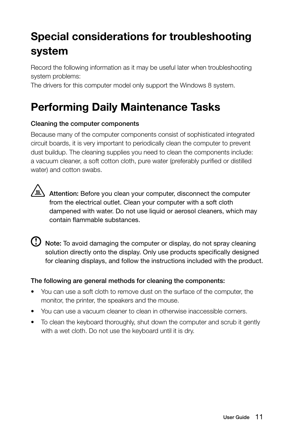 Special considerations for troubleshooting system, Performing daily maintenance tasks | Lenovo C255 All-in-One User Manual | Page 16 / 29