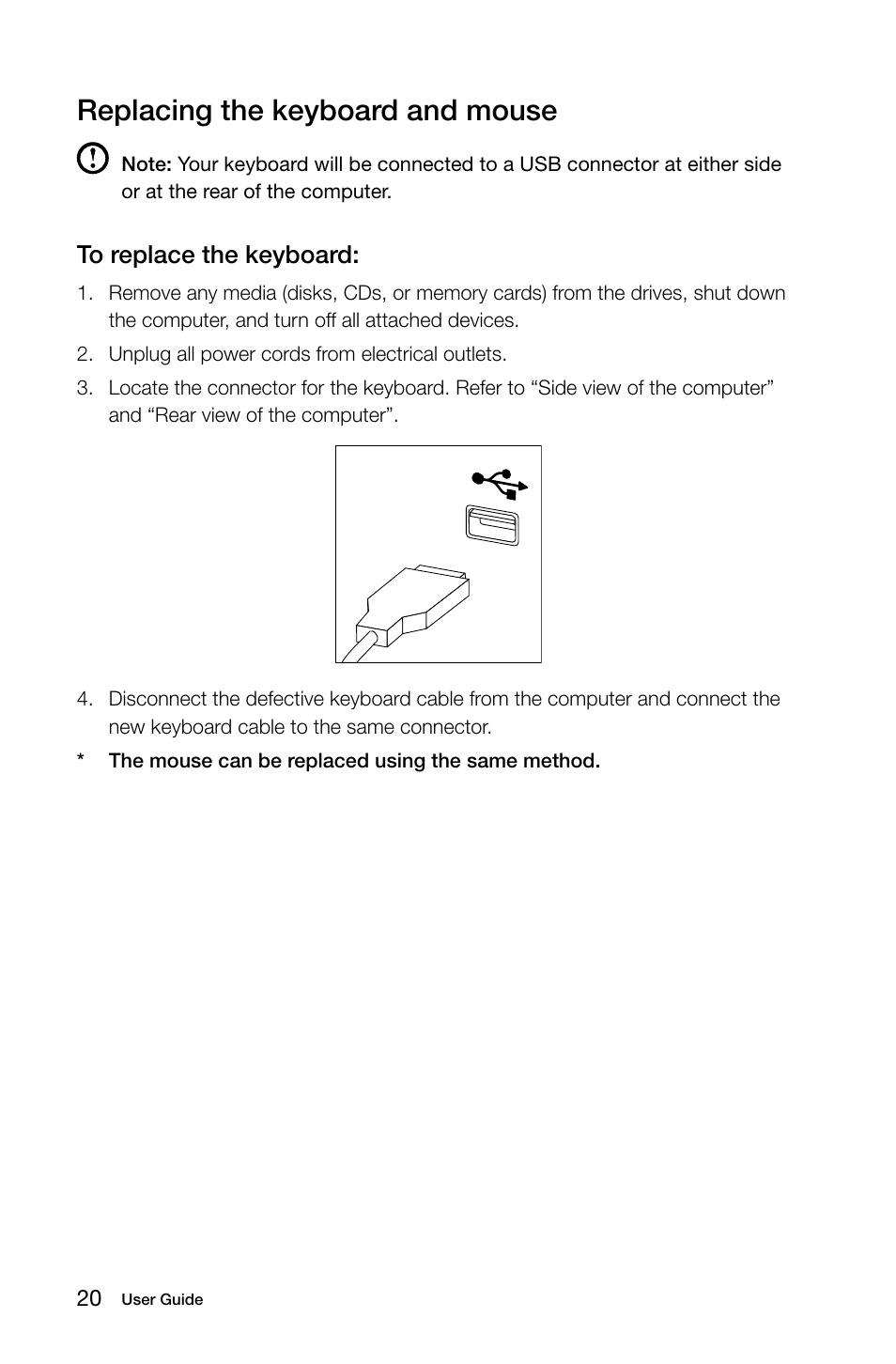 Replacing the keyboard and mouse | Lenovo C255 All-in-One User Manual | Page 25 / 29