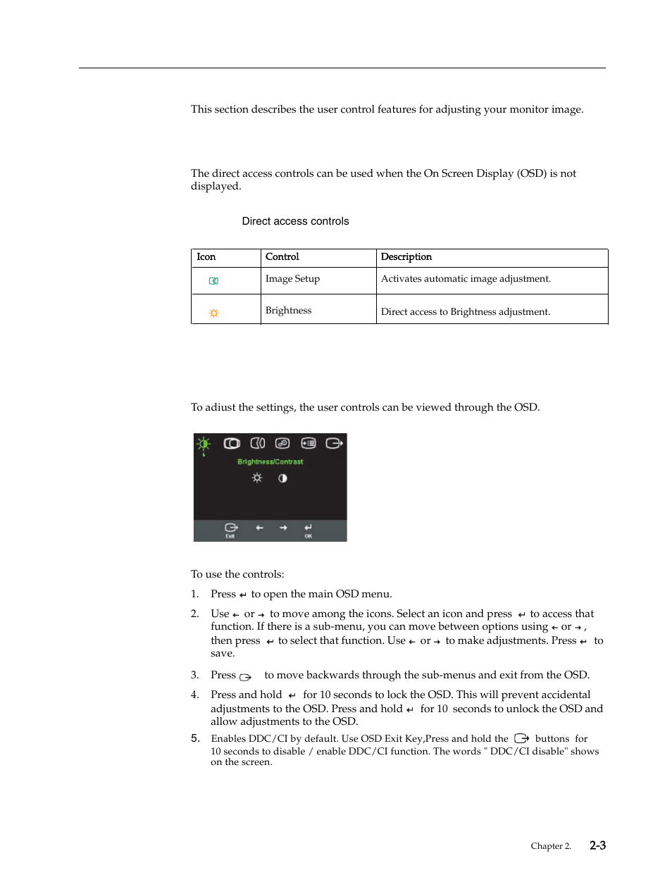 Adjusting your monitor image, Using the direct access controls, Using the on-screen display (osd) controls | Lenovo LS1922 Wide 18.5 inch LCD Monitor User Manual | Page 11 / 30