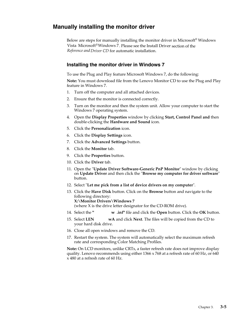 Manually installing the monitor driver | Lenovo LS1922 Wide 18.5 inch LCD Monitor User Manual | Page 21 / 30