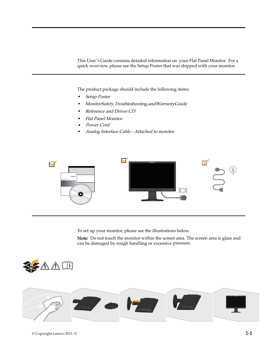 Chapter 1. getting started, Shipping contents, Attaching the base and handling your monitor | Lenovo LS1922 Wide 18.5 inch LCD Monitor User Manual | Page 4 / 30