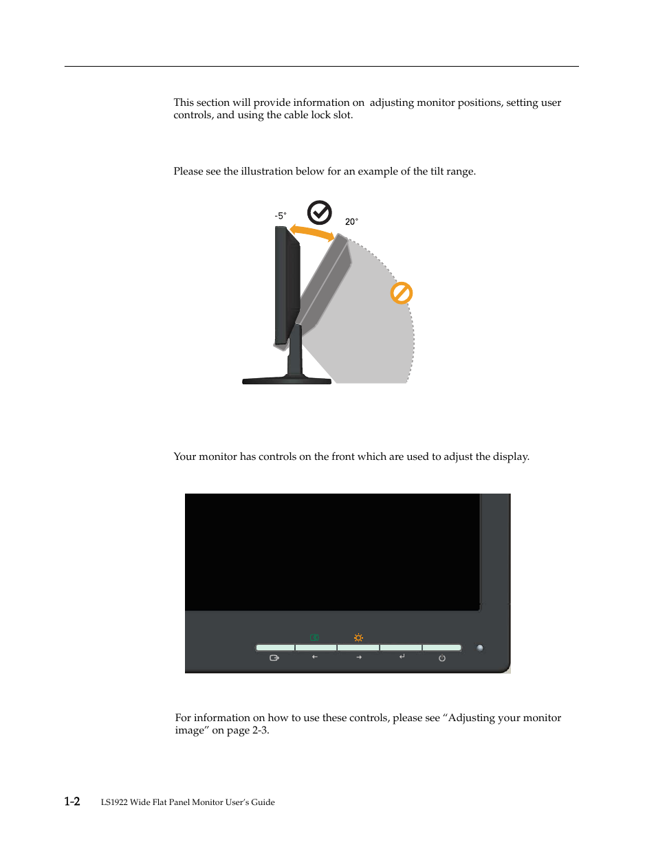Product overview, Types of adjustments, User controls | Lenovo LS1922 Wide 18.5 inch LCD Monitor User Manual | Page 5 / 30