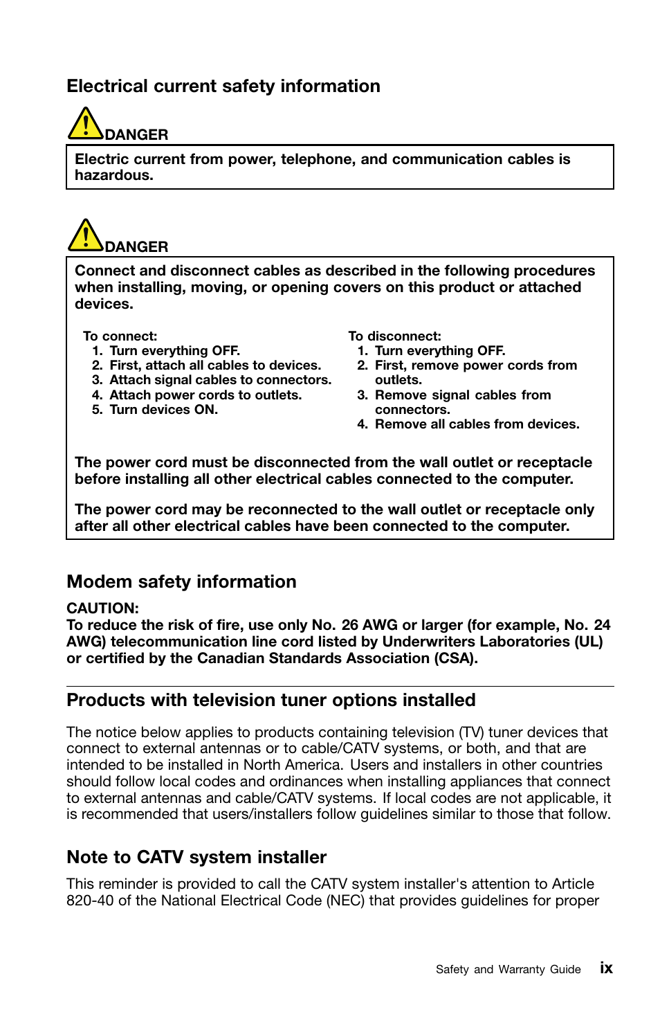 Electrical current safety information, Modem safety information, Products with television tuner options installed | Note to catv system installer | Lenovo ThinkPad Edge E220s User Manual | Page 11 / 48