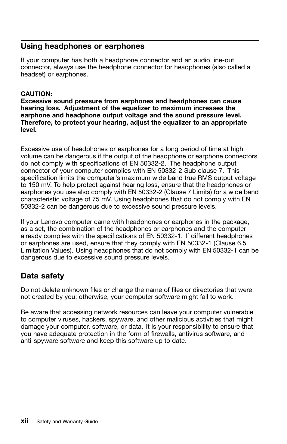 Using headphones or earphones, Data safety | Lenovo ThinkPad Edge E220s User Manual | Page 14 / 48