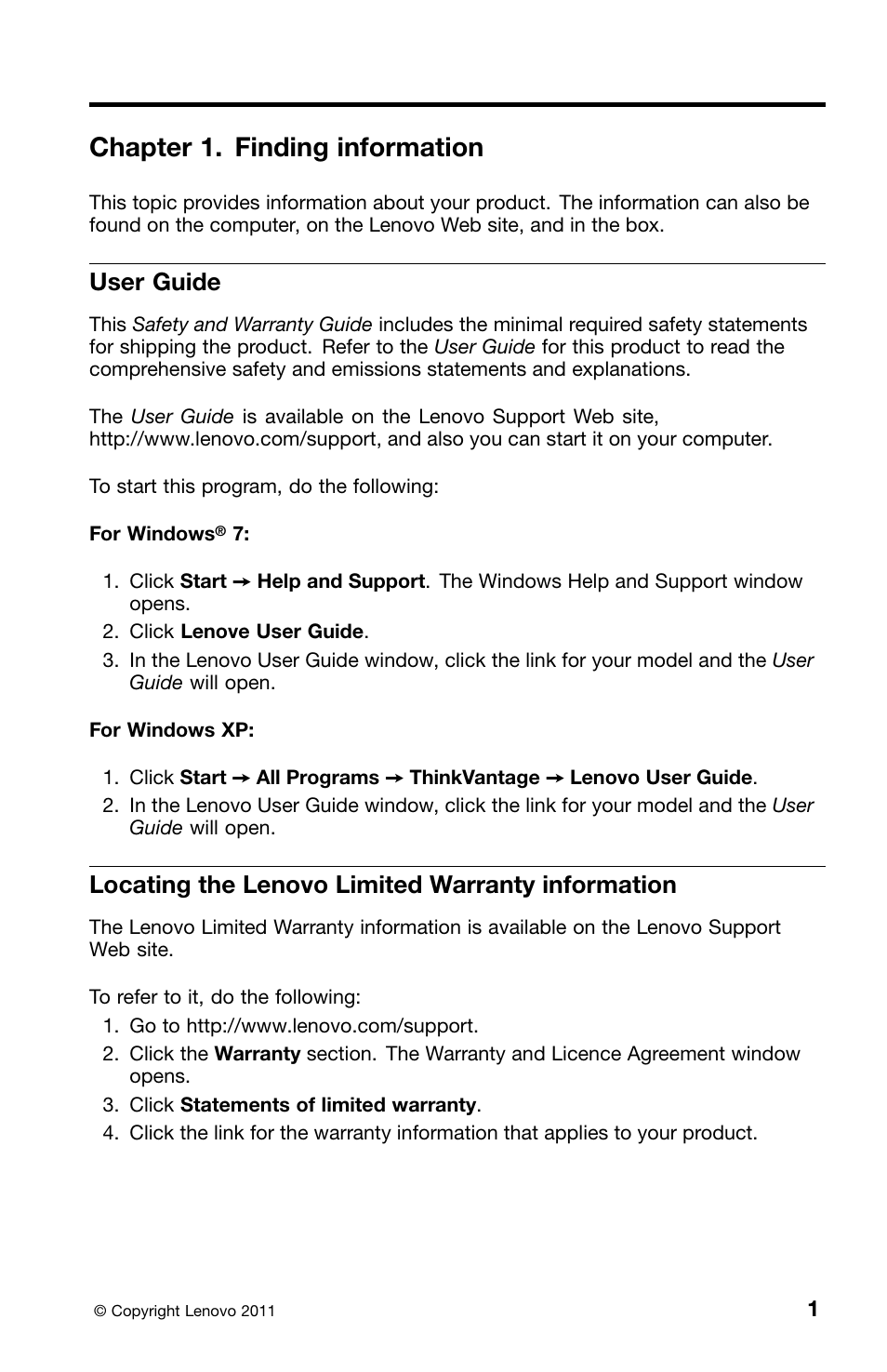 Chapter 1. finding information, User guide, Locating the lenovo limited warranty information | Lenovo ThinkPad Edge E220s User Manual | Page 17 / 48