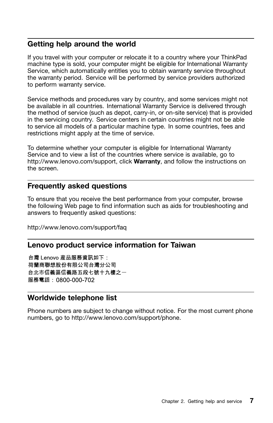 Getting help around the world, Frequently asked questions, Lenovo product service information for taiwan | Worldwide telephone list | Lenovo ThinkPad Edge E220s User Manual | Page 23 / 48