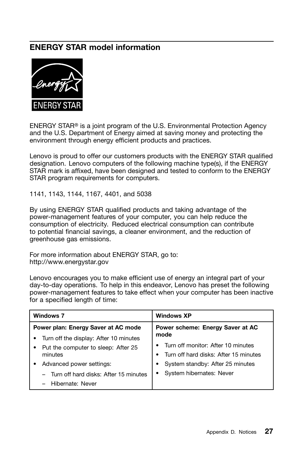 Energy star model information | Lenovo ThinkPad Edge E220s User Manual | Page 43 / 48