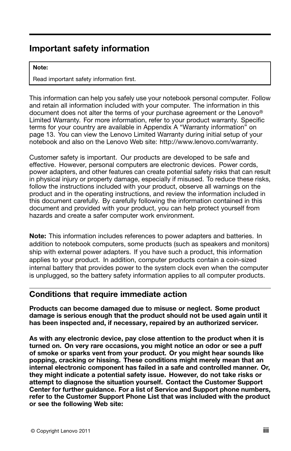 Important safety information, Conditions that require immediate action | Lenovo ThinkPad Edge E220s User Manual | Page 5 / 48