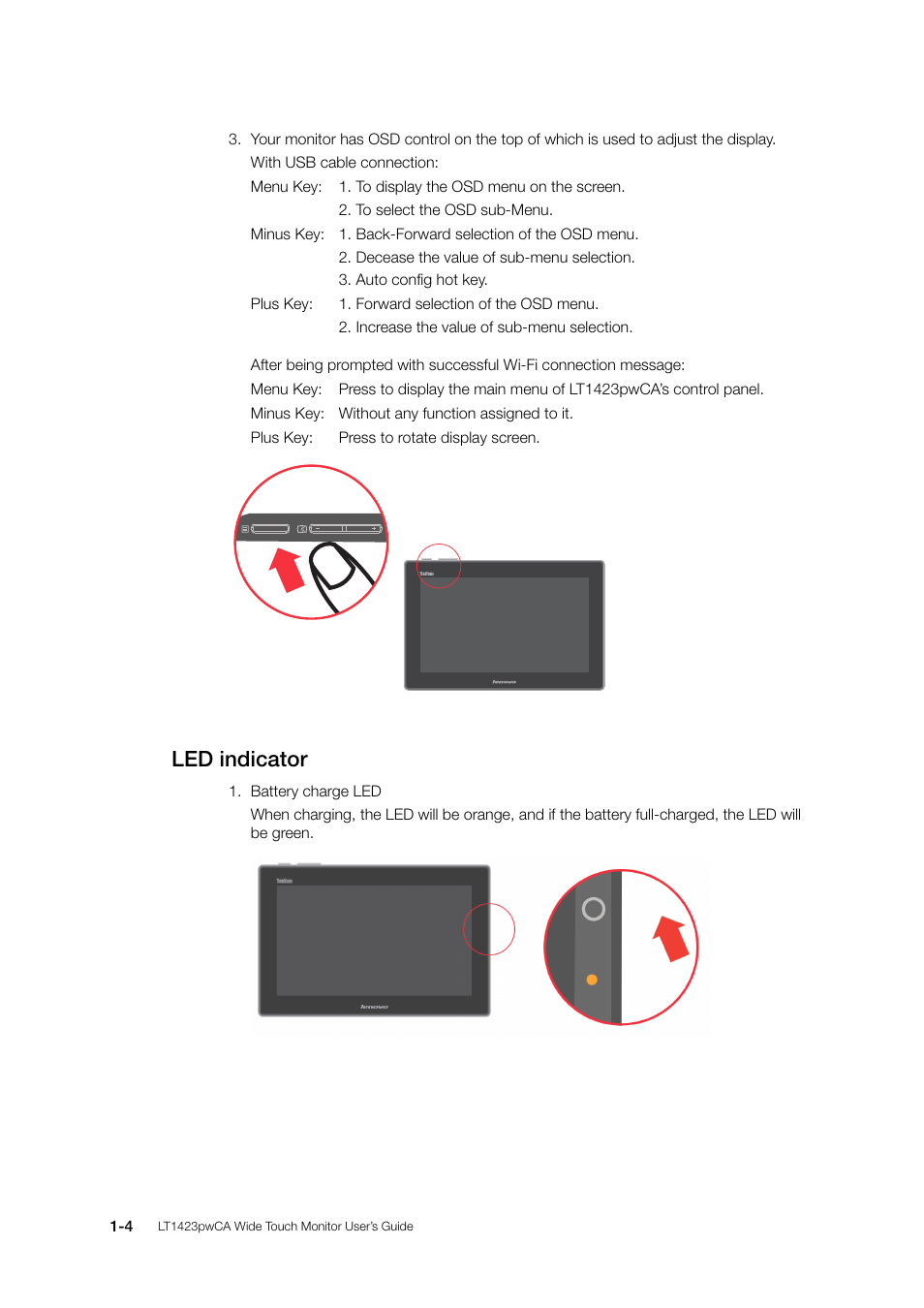 Led indicator | Lenovo ThinkVision LT1423p 13.3-inch IPS WLED Backlit LCD Mobile Touch Monitor With Pen User Manual | Page 10 / 86