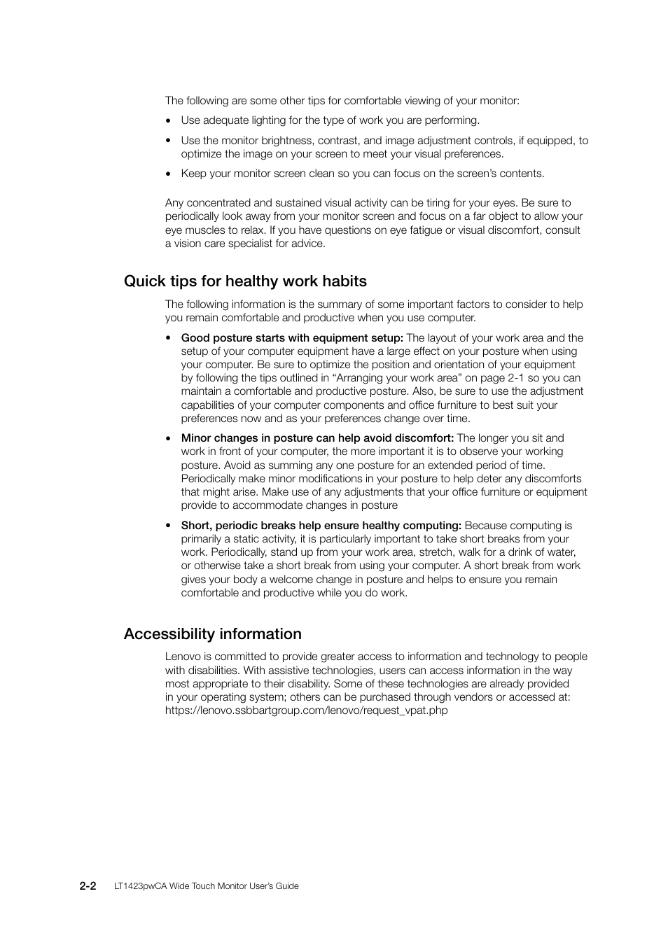 Quick tips for healthy work habits, Accessibility information | Lenovo ThinkVision LT1423p 13.3-inch IPS WLED Backlit LCD Mobile Touch Monitor With Pen User Manual | Page 18 / 86