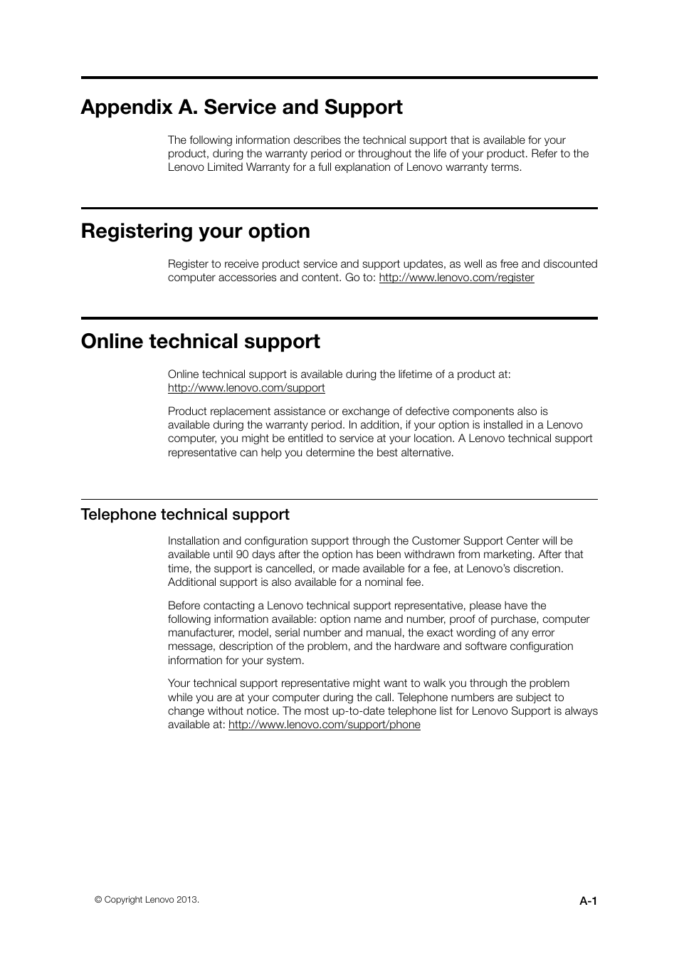 Appendix a. service and support, Registering your option, Online technical support | Lenovo ThinkVision LT1423p 13.3-inch IPS WLED Backlit LCD Mobile Touch Monitor With Pen User Manual | Page 43 / 86