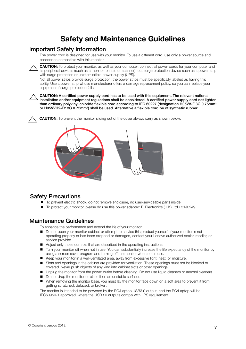 Safety and maintenance guidelines, Important safety information, Safety precautions | Maintenance guidelines | Lenovo ThinkVision LT1423p 13.3-inch IPS WLED Backlit LCD Mobile Touch Monitor With Pen User Manual | Page 5 / 86