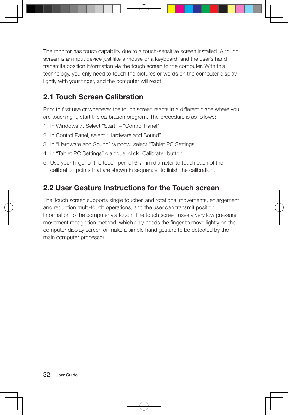 1 touch screen calibration, 2 user gesture instructions for the touch screen | Lenovo IdeaCentre A700 User Manual | Page 37 / 67