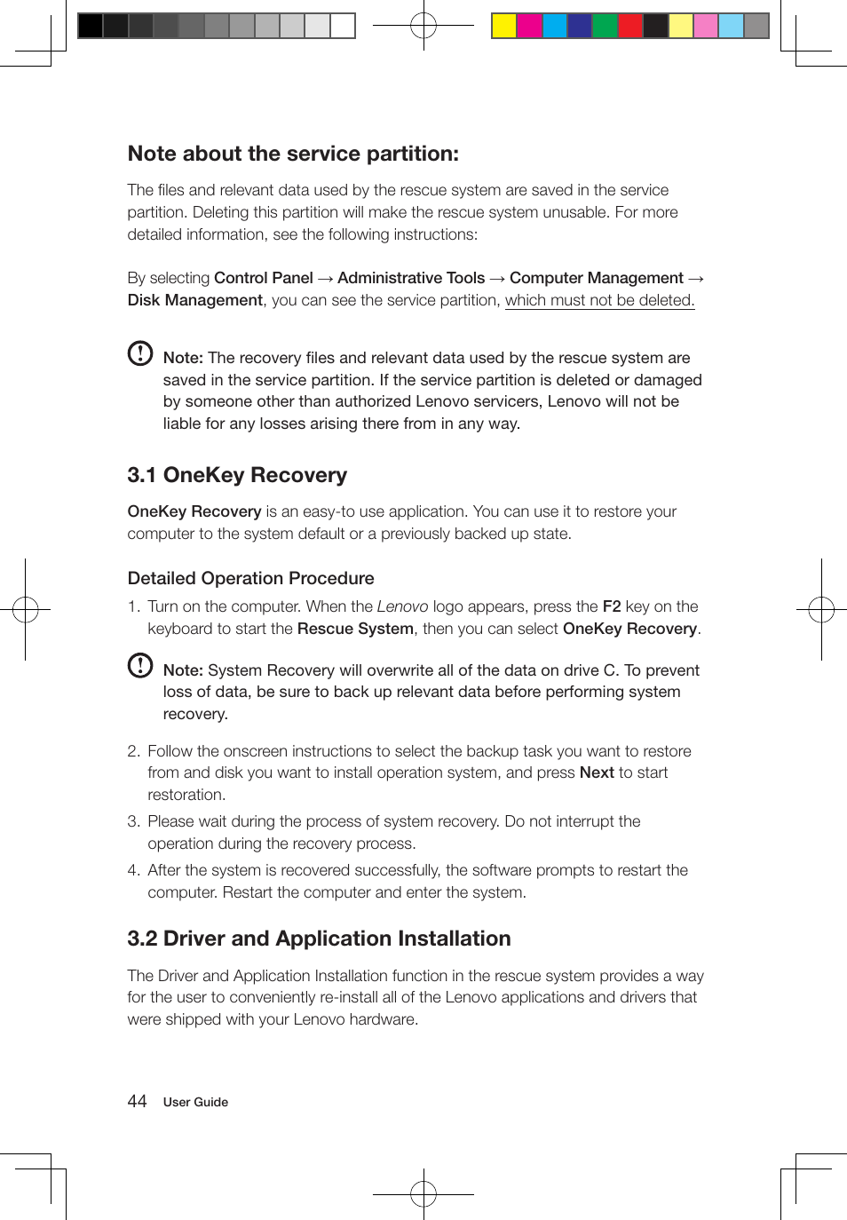 1 onekey recovery, 2 driver and application installation | Lenovo IdeaCentre A700 User Manual | Page 49 / 67