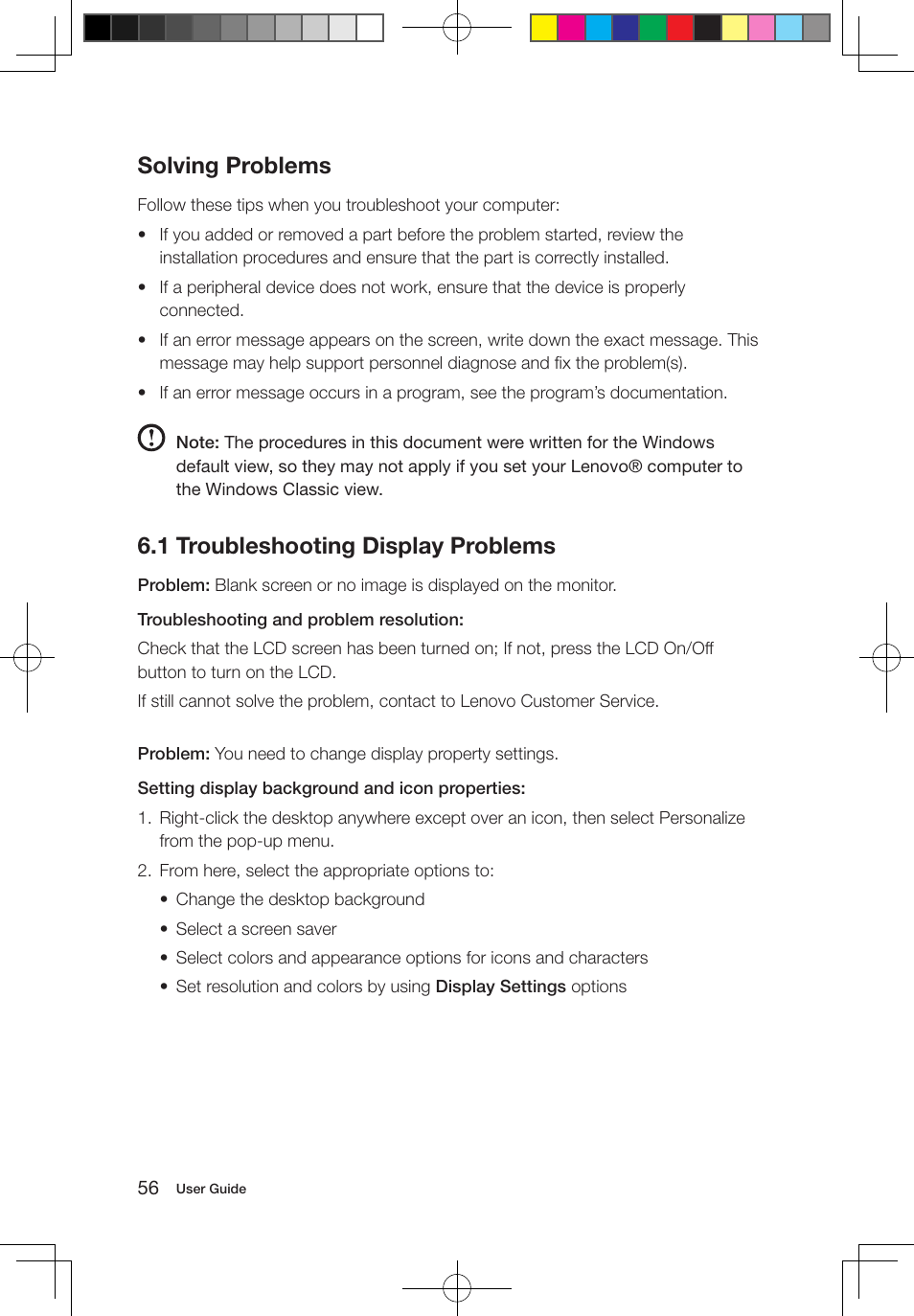 Solving problems, 1 troubleshooting display problems | Lenovo IdeaCentre A700 User Manual | Page 61 / 67
