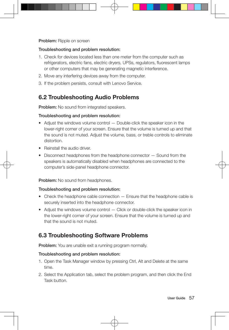2 troubleshooting audio problems, 3 troubleshooting software problems | Lenovo IdeaCentre A700 User Manual | Page 62 / 67